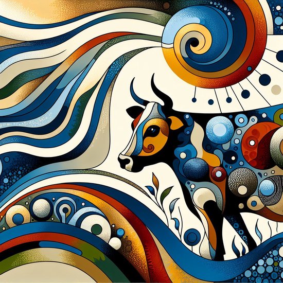 Abstract koeien schilderij | Boerderijdansende dromen: een surrealistische verbeelding van koeienpracht | Kunst - 60x60 centimeter op Canvas | Foto op Canvas