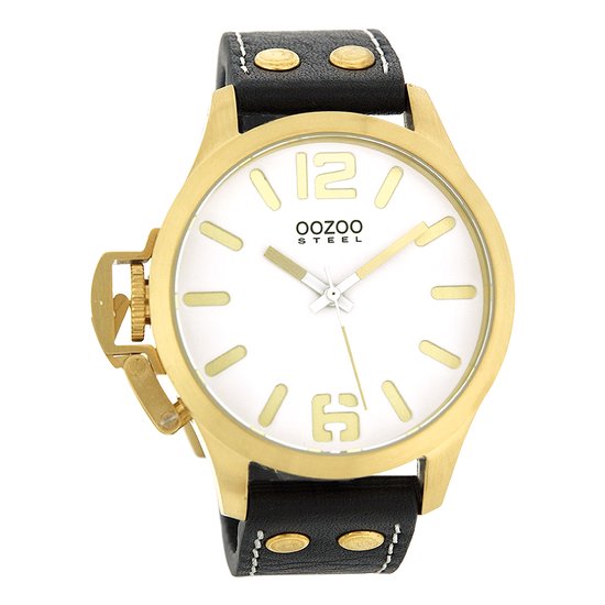 OOZOO Timepieces - Goudkleurige horloge met zwarte leren band - OS058