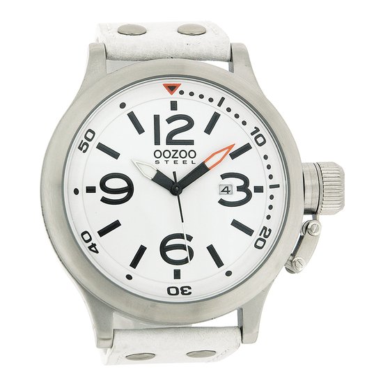 OOZOO Timepieces - Zilverkleurige horloge met witte leren band - OS201