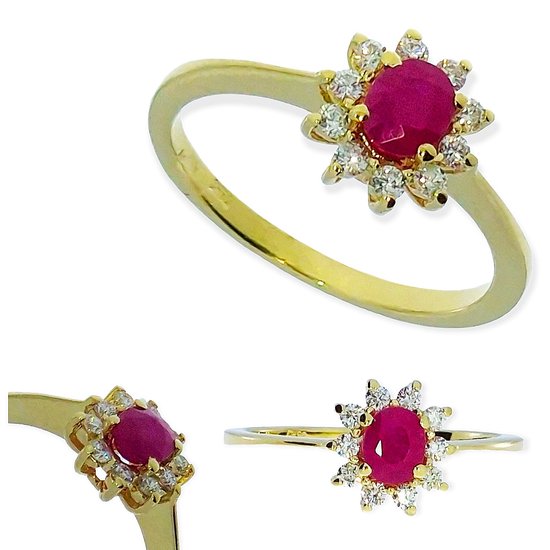 Gouden Damesring Diamant 0.18 ct Robijn 0.43 ct 14 karaats