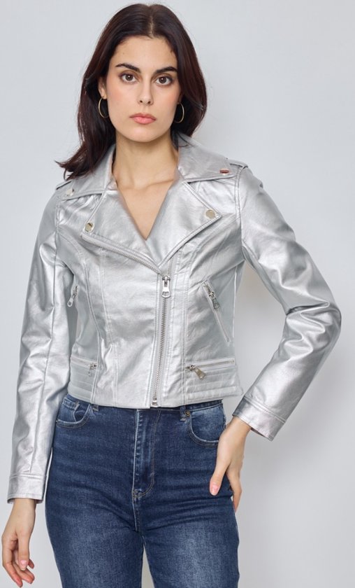 Dames jas, Biker, faux leather, zilverkleurig, maat XL