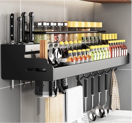 Luxaliving - Keukenrek Hangend - Ophangbaar – Messenrek - Messenhouder - Wandrek - Met of Zonder boren – Keuken Organizer - Kruidenrek - Zwart - 40cm