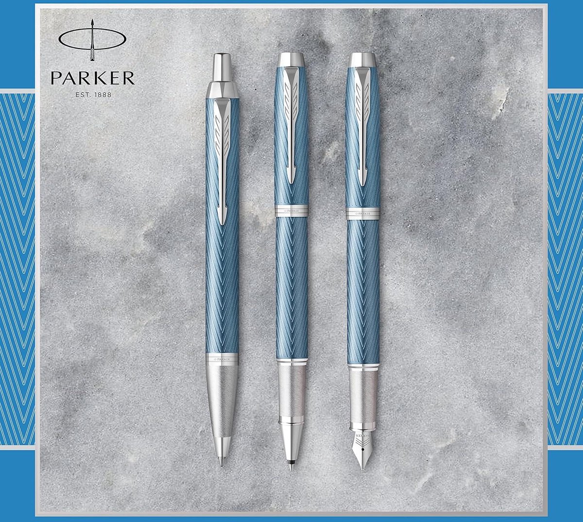 Parker IM Vulpen, premium parellak met gouden rand, medium punt met blauwe inktpatroon, geschenkdoos