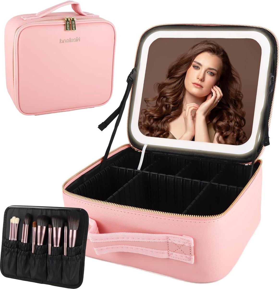 Goedkoopste Reizen Make-up Tas met Led Licht Spiegel - Grote Capaciteit Cosmetische Organizer - Vanity Travel Case voor Make Up - Verstelbaar Compartiment - roze Modieus - DaizySight
