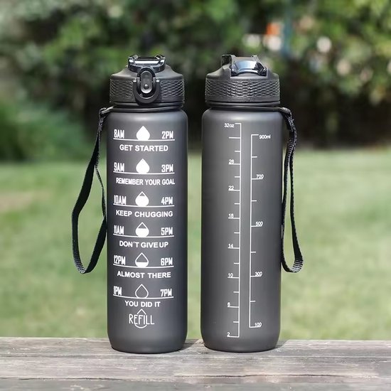 Foto: Motivaqua waterfles met tijdmarkeringen 1 liter motiverende drinkfles bpa vrij en lekvrij drinkfles met rietje voor volwassenen en kinderen sportfles handige maataanduiding ideaal voor fitness werk en school cadeau voor haar zwart