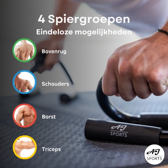Close-up van een hand die een zwarte opdruksteun vasthoudt, met tekst en cirkels die spiergroepen tonen: bovenrug, schouders, borst, triceps.