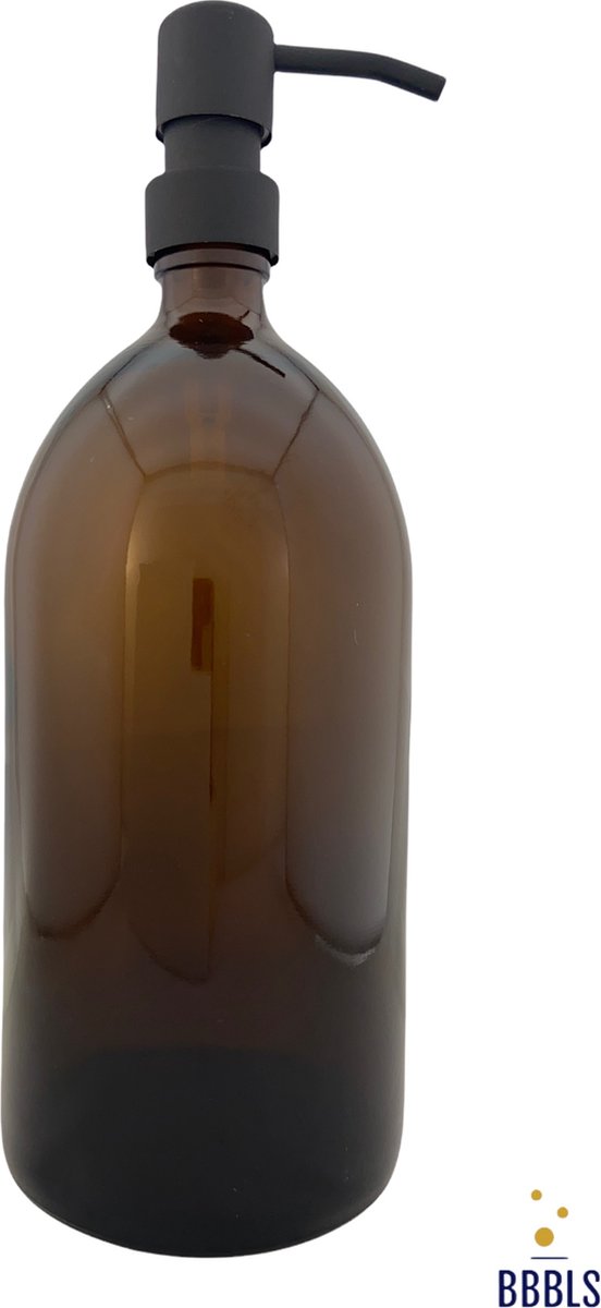 BBBLS Design Dispenser "Blanco" | Bruin Glas | 1 liter | RVS / Metaal Pomp Zwart | Zeeppomp | Zeepdispenser | Zeephouder