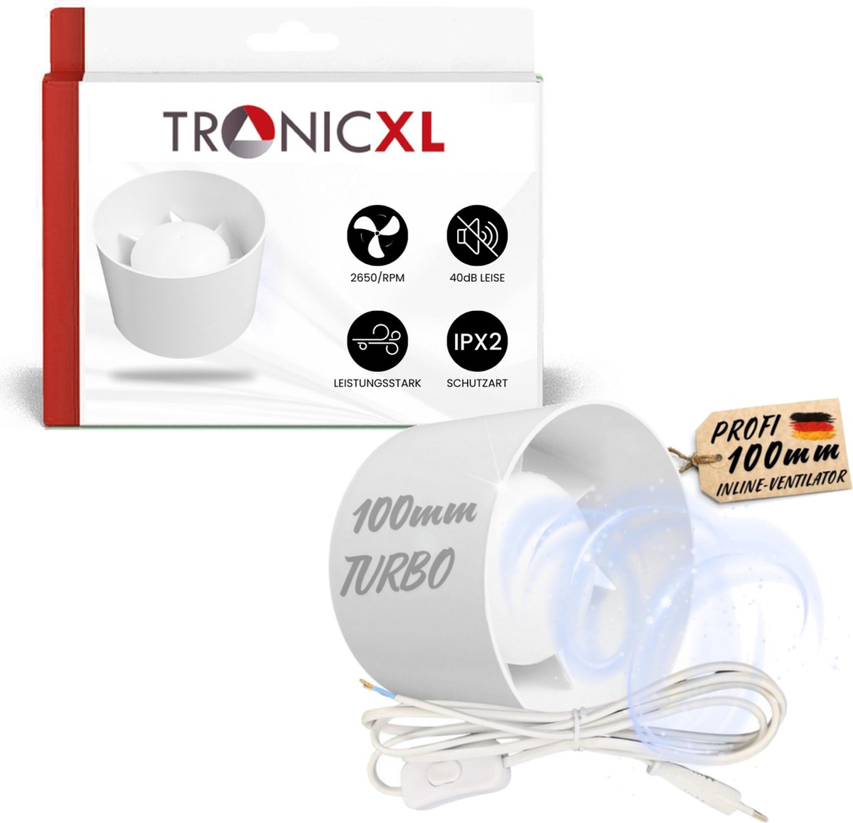 TronicXL 100 mm Afvoer en toevoerventilator – Inline ventilator met kabelstekker - schakelaar 230V - stopcontact - kanaalafzuigventilator – pijpventilator – badkamer – keuken - kelder - wit