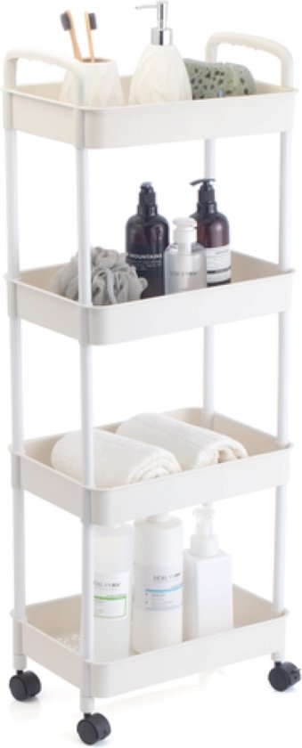 Foto: Keukentrolley of wieltjes keukentrolleys keuken trolley 4 niveaus 38 x 27 x 105 cm wit trolley op wieltjes opbergtrolley trolley voor keuken badkamer kantoorbadkamer kar