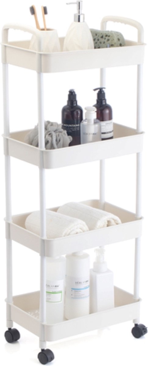 Keukentrolley of Wieltjes - Keukentrolleys - Keuken trolley 4 niveaus - 38 x 27 x 105 cm - wit - Trolley op Wieltjes - Opbergtrolley - Trolley voor Keuken Badkamer & Kantoorbadkamer kar