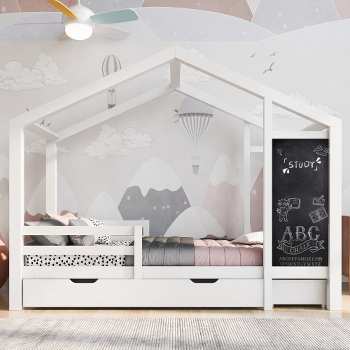 Houten bed Kinderbed huisbed 90 x 200 cm, houten bed met plank en 2 lades, massief hout met hek en lattenbodem, wit (zonder matras)