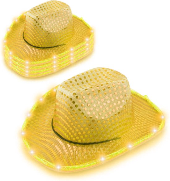 Cowboyhoed Geel met LED verlichting. Bruiloft / Vrijgezellenfeest / Formule 1 / Toppers / Pride / Carnaval / Foute Party