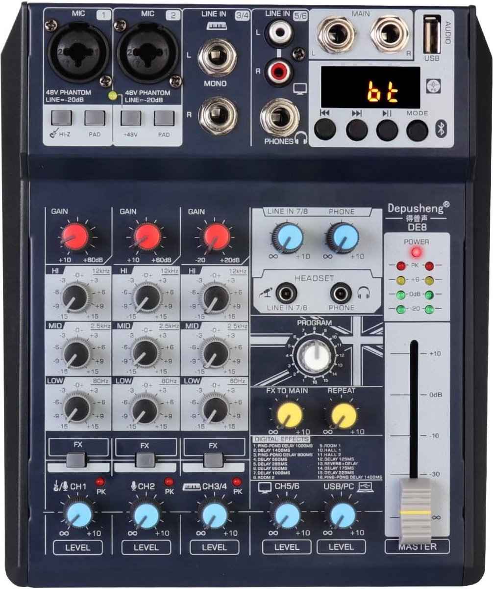 ShopHaven Compacte Mini Mixer Audio DJ Console Geluidskaart met Fantoomvoeding Ideaal voor Webcast Podcast en Kleine Feesten