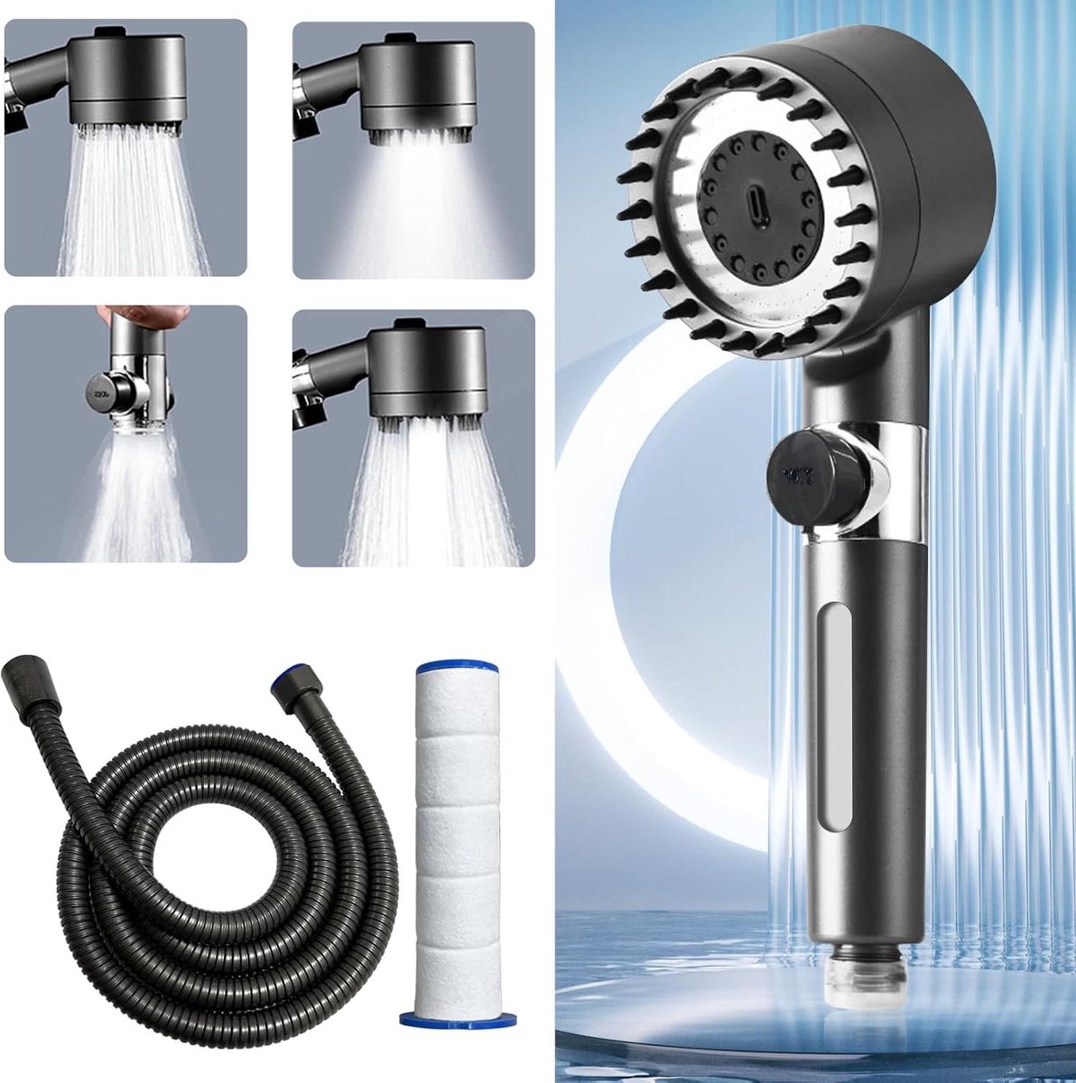 Waterbesparende hogedruk douchekop met 2 filters en massagekop - afneembare douche (grijs) - 15 m slang