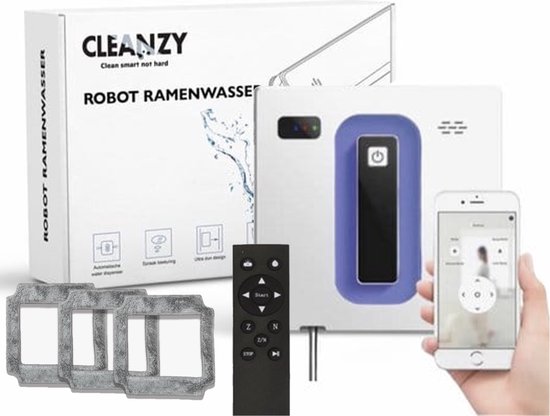 Cleanzy® Robot Ramenwasser Met App - 2023 Model - Dubbele Sprayfunctie - Inclusief Pad - Slimme Lasertechnologie - Voice Control - Elektrische glazenwasser - Ruitenreiniger - Ramenwisser - Valbeveiliging - Sterke Zuigkracht - Met Afstandsbediening