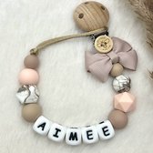 Bij Noe - Speenkoord met naam - VERZENDING BINNEN 24 UUR! - Roze/ Marmer/ Zand - Met strik - Kraamcadeau - Babycadeau - Speenketting - Babyshower - Meisje