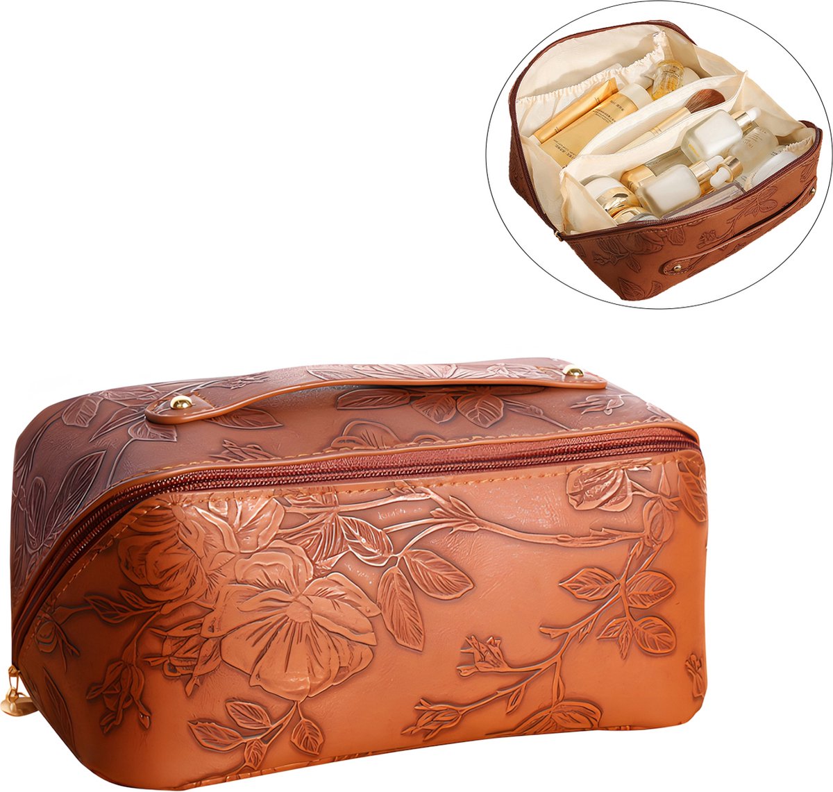 Rainbecom - Toilettassen - Beautycases - Classical - Retro Style - Cosmetica Tas - 25x12x12cm - 3.6 Liter - Bruin - Reliëfdruk 3d printen