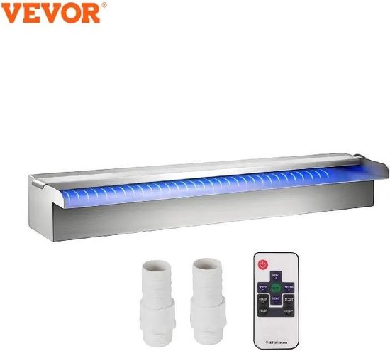 Vijverwaterval - Roestvrij Staal - Waterval Zwembad Fontein - Vevor - 60 x 11.5 x 8 cm - Met LED Lichtstrip - Rechthoekige Zwembad Fontein Cascade - Voor Koi - Visvijver Waterpartij