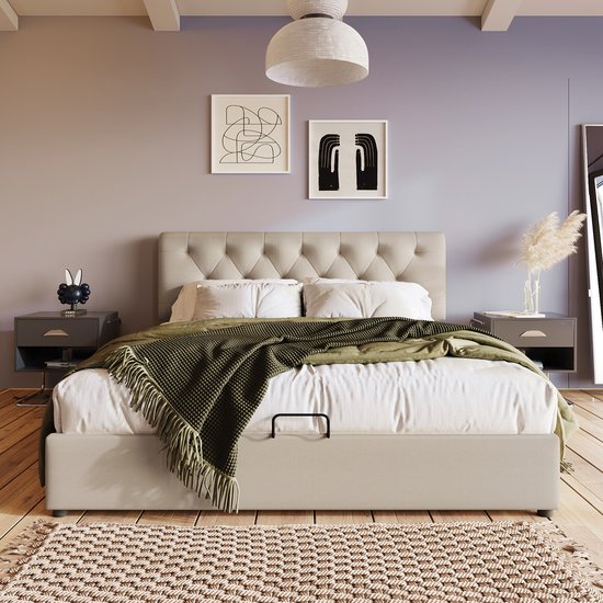 Tweepersoonsbed 140x200 Cm, Bedframe Met Hydraulische Opbergruimte Geintegreerde Usb En Type C Natuurlijk Linnen Zonder Hoofdbord 202x141x29 Cm
