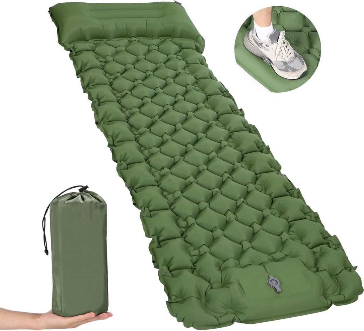 Zelfopblazende slaapmat, luchtmatras, zelfopblazende luchtmatras, opblaasbaar met geïntegreerd hoofdkussen, outdoor, campingmat, slaapmat met voetpomp, 196 x 68 x 8 cm, groen