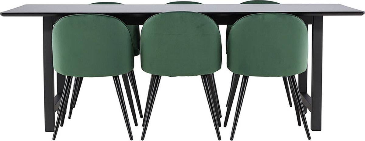 Oslo eethoek eetkamertafel 100x220cm zwart en 6 Skagen stoel velours groen.