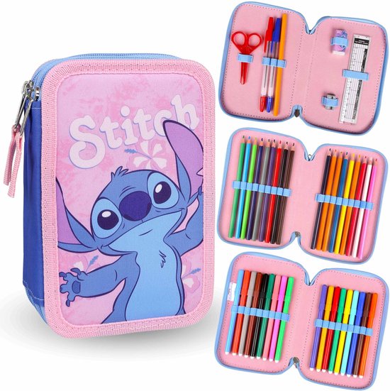 Trousse Scolaire Lilo & Stitch Maternelle – Avec Crayons, Feutres, Ciseaux – 1 Zip, Bleu Ciel Et Rose