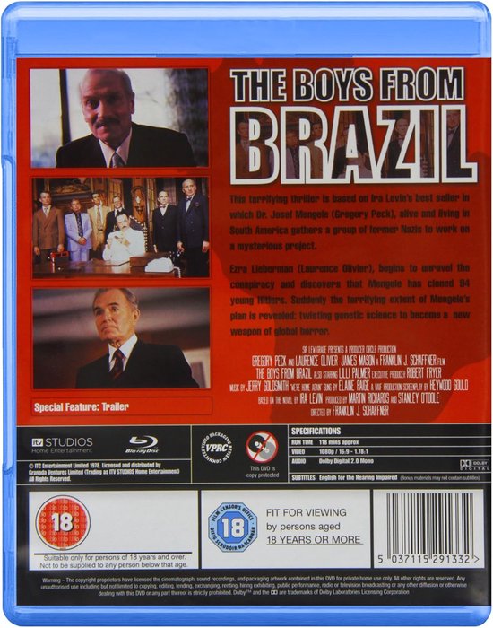 Blu-ray hoes van 'The Boys from Brazil' met Gregory Peck. Toont scènes uit de film en details als "Special Feature: Trailer" en "Full HD 1080p".