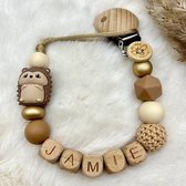 Bij Noe - Speenkoord met naam - VERZENDING BINNEN 24 UUR! - Met Egel - Bruin/ Goud/ Crème/ Hout - Kraamcadeau - Speenketting - Babycadeau - Babyshower - Unisex