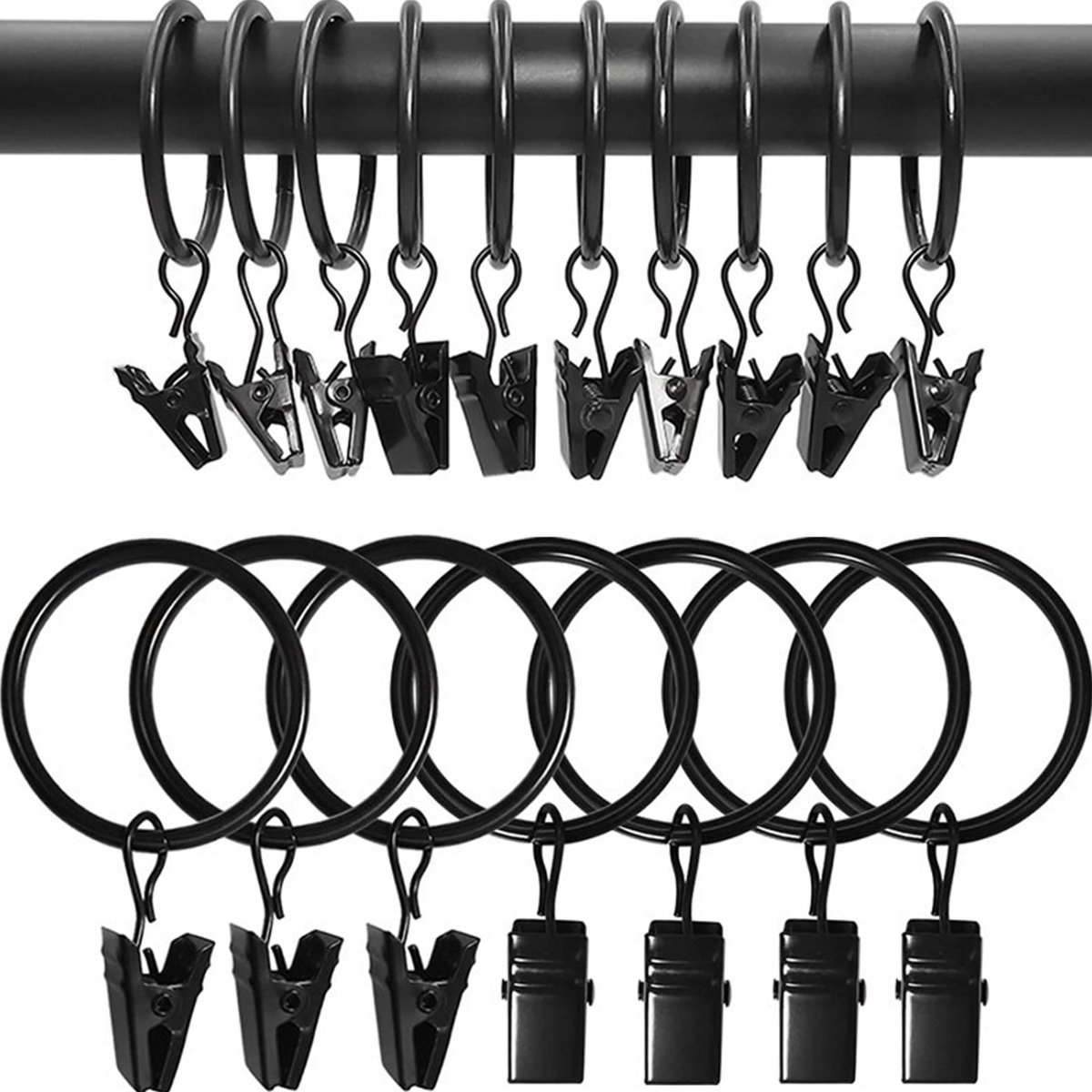 HIMOMO 50 stuks 30mm metalen gordijnringen, inclusief 50 gordijnhangende ringen en 50 plastic gordijnhaken, gordijnringen voor raamgordijn, bedgordijn, douchegordijn - Zilver