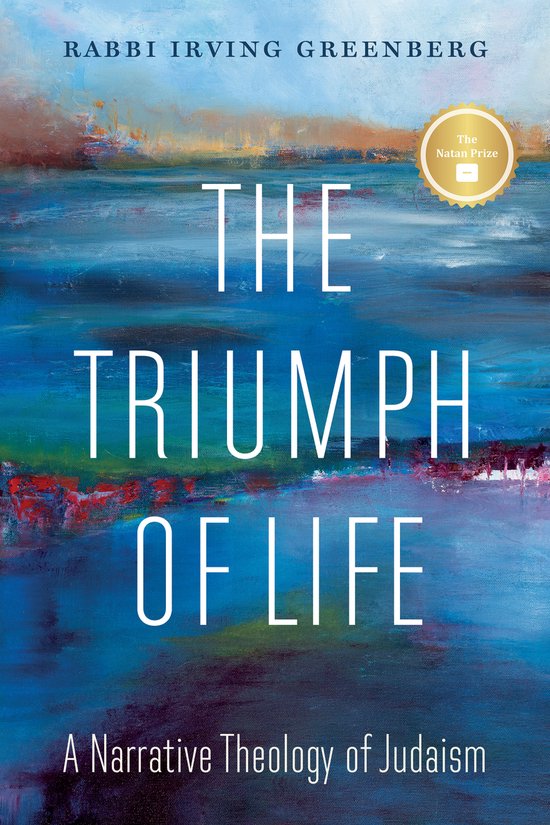 Boekcover met abstracte blauwe en rode kleuren en de tekst 'The Triumph of Life' en 'A Narrative Theology of Judaism'.