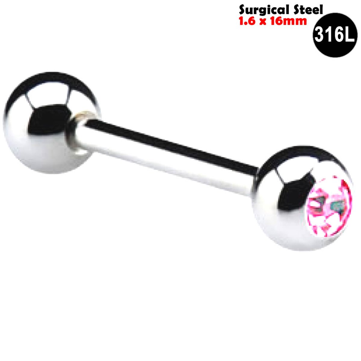 Tongpiercing - 1.6 x 16 mm - 316L Chirurgisch Staal - Barbell - Kristal - Roze