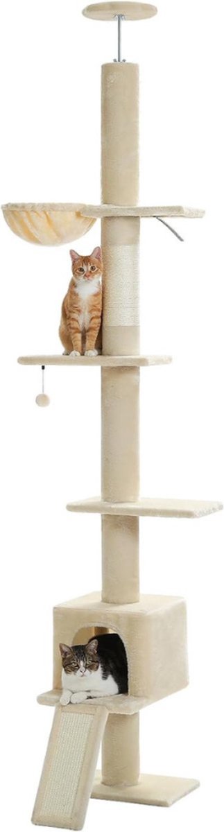 Road Cactus Kattenboom van Vloer tot Plafond met Verstelbare Hoogte van 216 cm tot 273 cm – Ruime Activiteitsruimte met Hammock en Kattenappartement – Anti-Valband – Beige