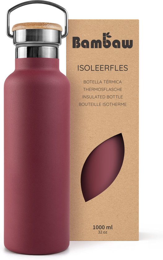 Bambaw® 1 liter RVS Thermosfles - Isoleerfles, Dubbelwandig, Lekvrijen, loodvrij en Plasticvrij Geïsoleerde Fles met Bamboe Deksel voor Warme en Koude Dranken - Ideaal voor Reizen, Werk, Yoga, Wandelen en Dagelijks Gebruik – rood