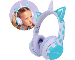 foto van imoshion Kids Unicorn LED Light Bluetooth Headphones - Kinder koptelefoon - Kinder koptelefoon met decibelbegrenzer - Kinder Koptelefoon / Hoofdtelefoon Draadloos Over Ear - Lavender Lilac / Soft Blue