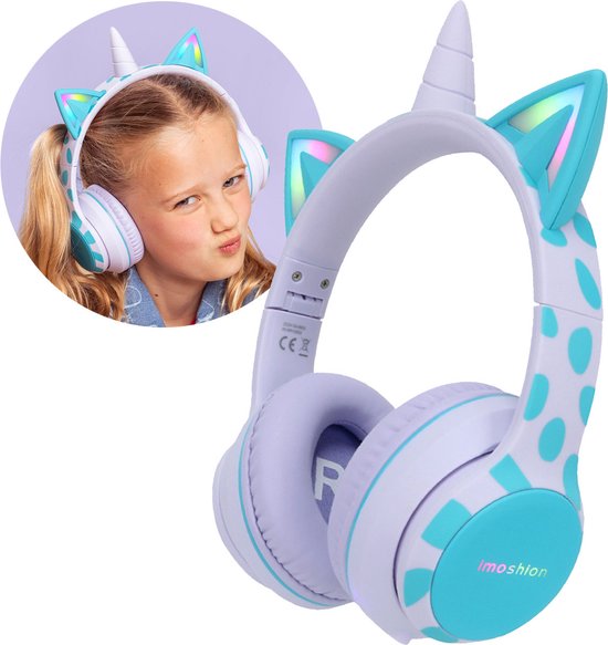 Foto: Imoshion kids unicorn led light bluetooth headphones kinder koptelefoon met decibelbegrenzer draadloze koptelefoon aux kabel lilac soft blue