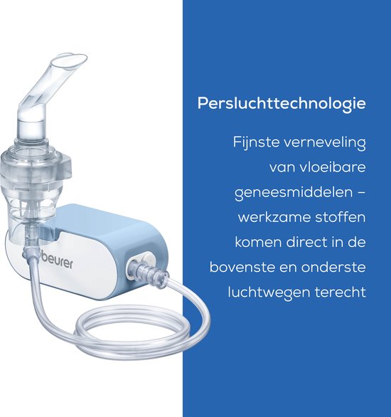 Beurer inhalator met blauw apparaat, vernevelaar en slang. Tekst: 'Persluchttechnologie, fijnste verneveling van vloeibare geneesmiddelen'.
