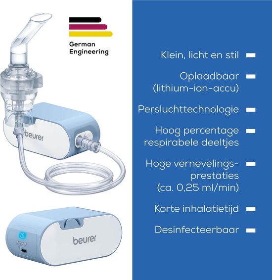 Beurer inhalator met blauw apparaat, vernevelaar en slang. Tekst: 'Klein, licht en stil. Oplaadbaar. Persluchttechnologie. Hoog percentage respirabele deeltjes.'