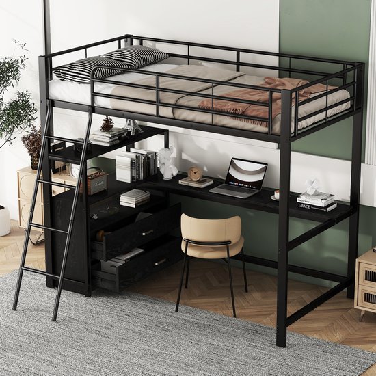 Moimhear Metalen bedframe, ijzeren bed, 90 x 200 cm, hoogslaper met bureau en twee boekenplanken voor kinderen, jongeren en volwassenen Moimhear Metalen bedframe, ijzeren bed, 90 x 200 cm, hoogslaper met bureau en twee boekenplanken voor kinderen, jongeren en volwassenen