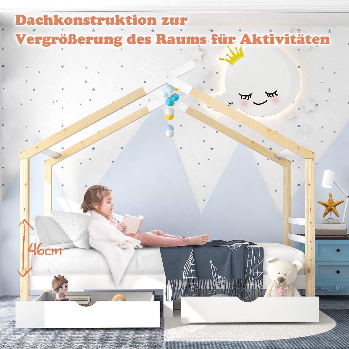 KOMHTOM Bed 90x200 cm Kinderbed bed met laden en tieners wit + houtkleur