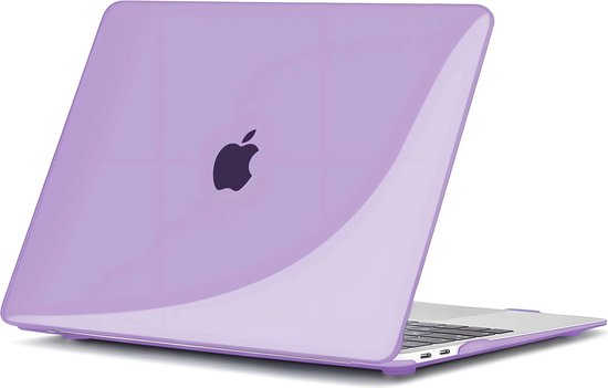 Coque violette pour MacBook Air avec logo Apple au dos, mi-ouverte.