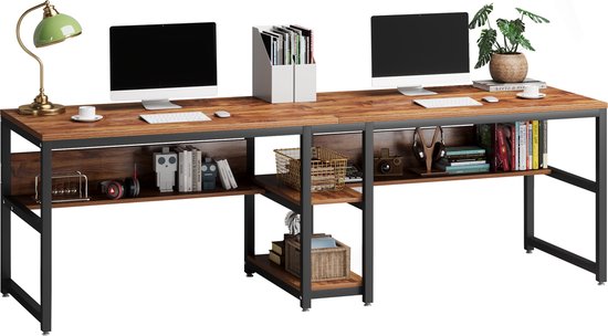 Tribesigns Bureau - Dubbel Lang Bureau - Computerbureau voor Twee - Computertafel - Bureautafel - Bruin/Zwart - 200 x 60 x 75 cm