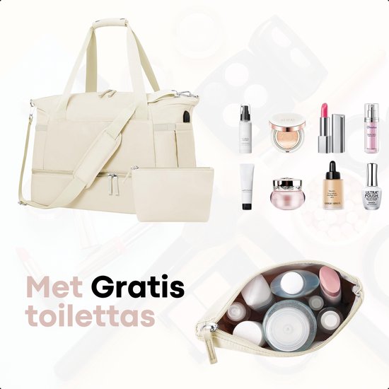 Crèmekleurige weekendtas en toilettas, met cosmetica en make-up.