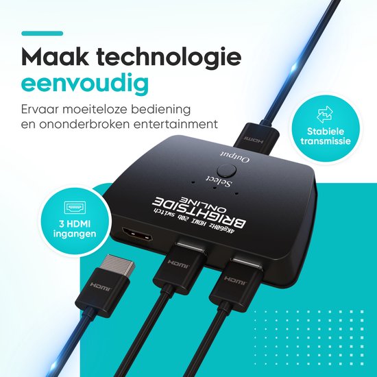 Brightside HDMI switch – 3 ingangen 1 uitgang – 4K@60hz – HDMI kabel inbegrepen