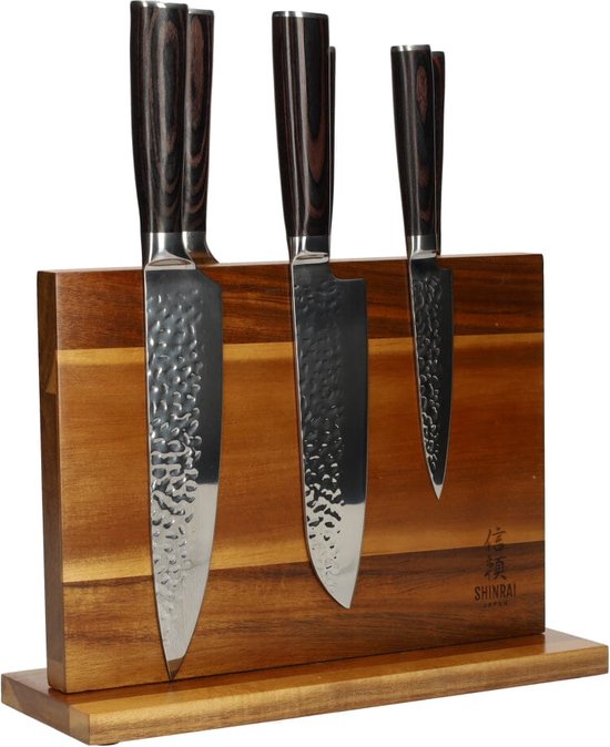 Shinrai Knives - Messenset met Blok 6-delig – Messen met Messenblok - Hammered RVS - Magnetisch Messenblok Dubbelzijdig - Met Luxe Geschenkdoos