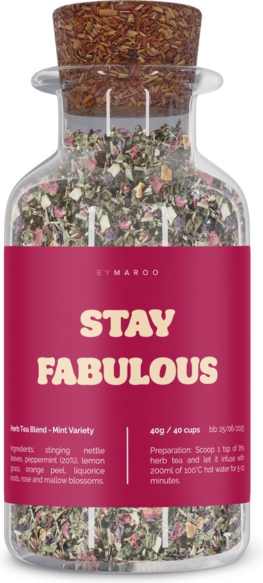 Foto: By maroo thee cadeau stay fabulous kruidenthee in glazen theepot theedoos grappige cadeaus verjaardag vrouwen mannen moeder vader vriendin zus oma mama papa geschenkset