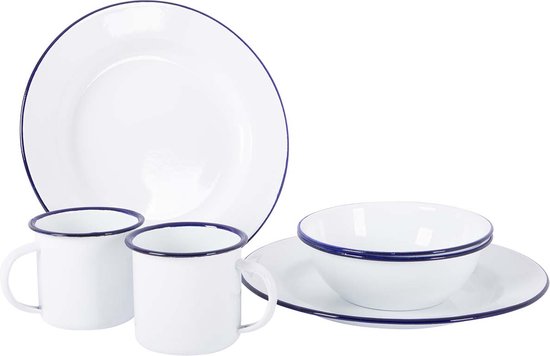 Bo-Camp - Services de table - Émail - 6 Pièces - Wit/ Blauw