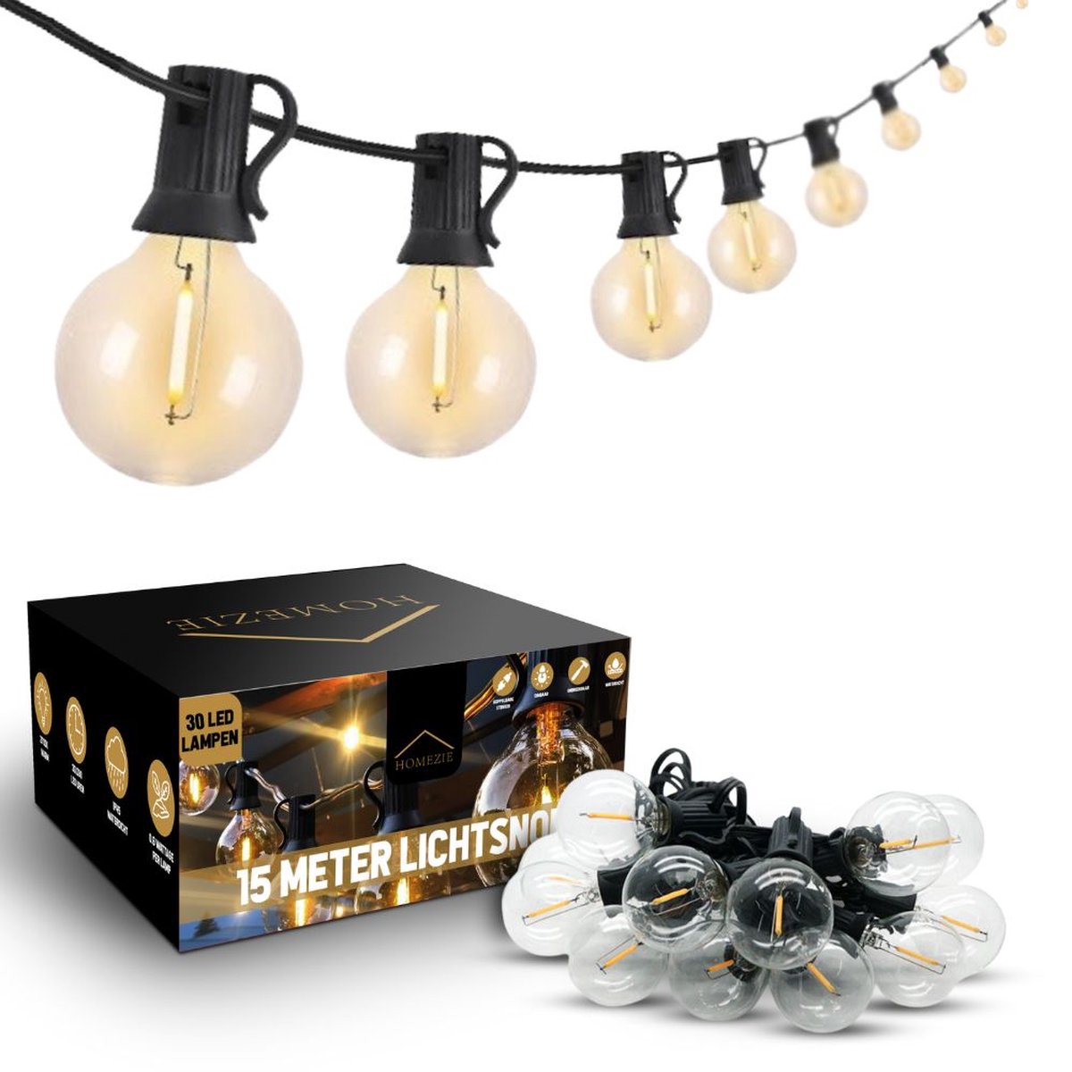 Bol.com Homezie Lichtsnoer | 15 meter met 30 kunststof LED bulbs | Warm wit | IP44 Spatwaterdicht | Koppelbaar & Dimbaar | Tuinv... aanbieding