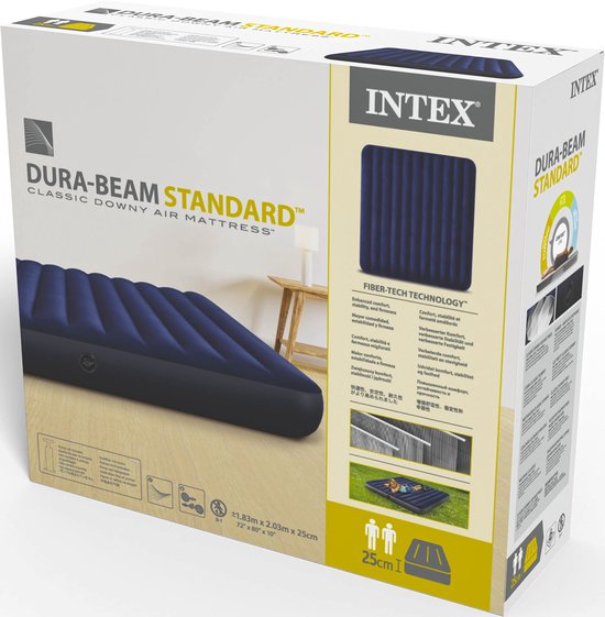 De verpakking van een Intex Dura-Beam Standard Classic Downy luchtbed met een afbeelding van het luchtbed.
