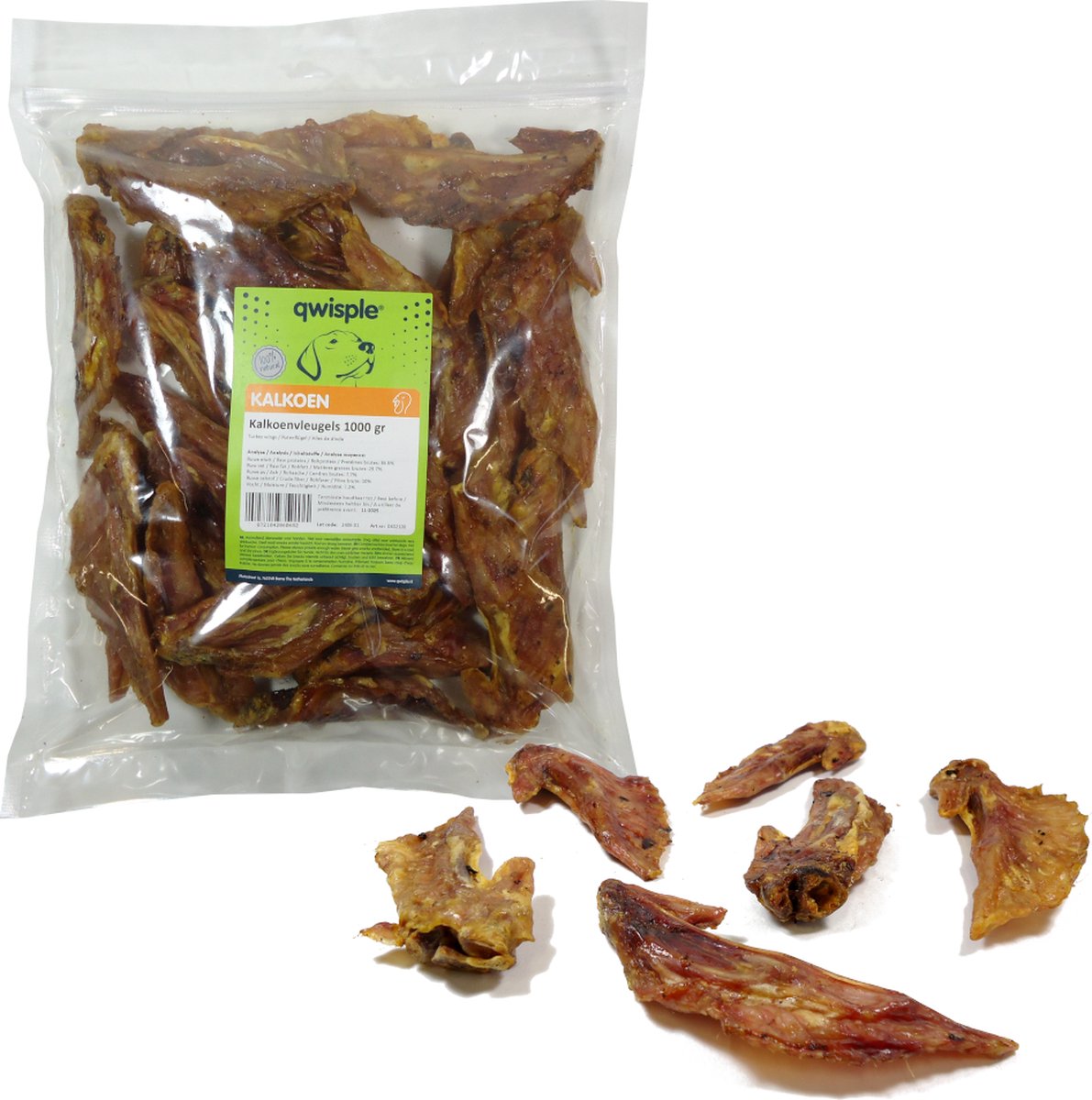 Qwisple Kalkoenvleugels - Hondensnacks Gedroogd Kalkoen - 1000 gr