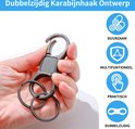 Zware, multifunctionele, praktische, dubbelzijdige karabijnhaak sleutelhanger met sleutelringen in donker metaal.